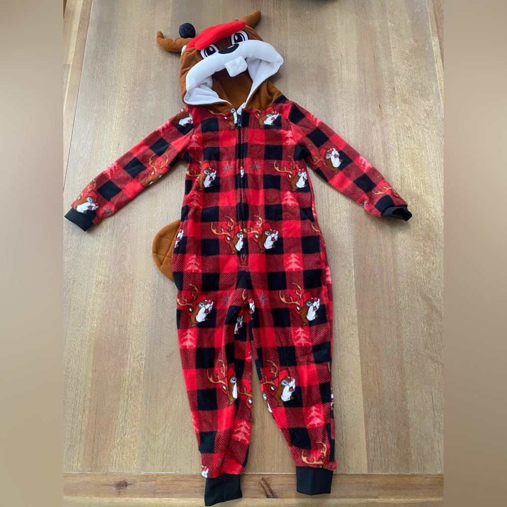 Buc-ees Kids Reindeer Hooded One Piece - Red Plaid, 3T